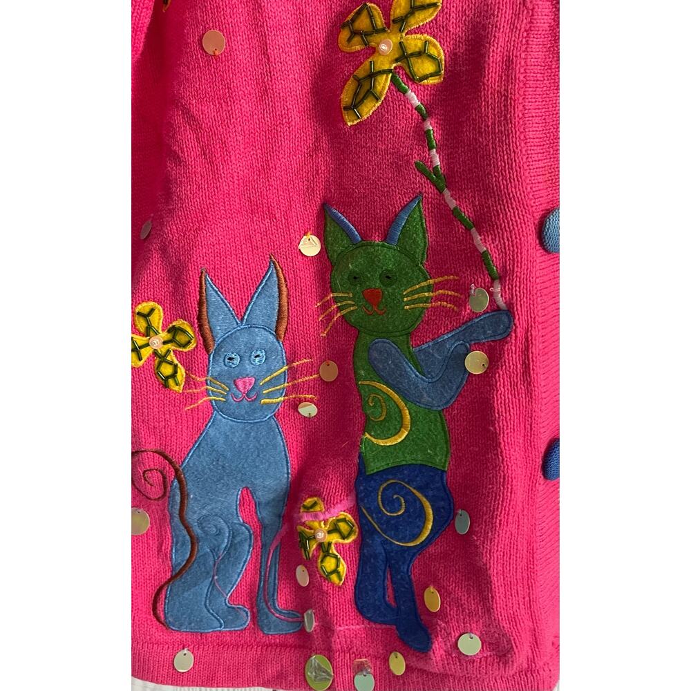 VTG Pink Cat Cardigan Morgan Cole with Embroidered Cats and Florals - Size Sm
